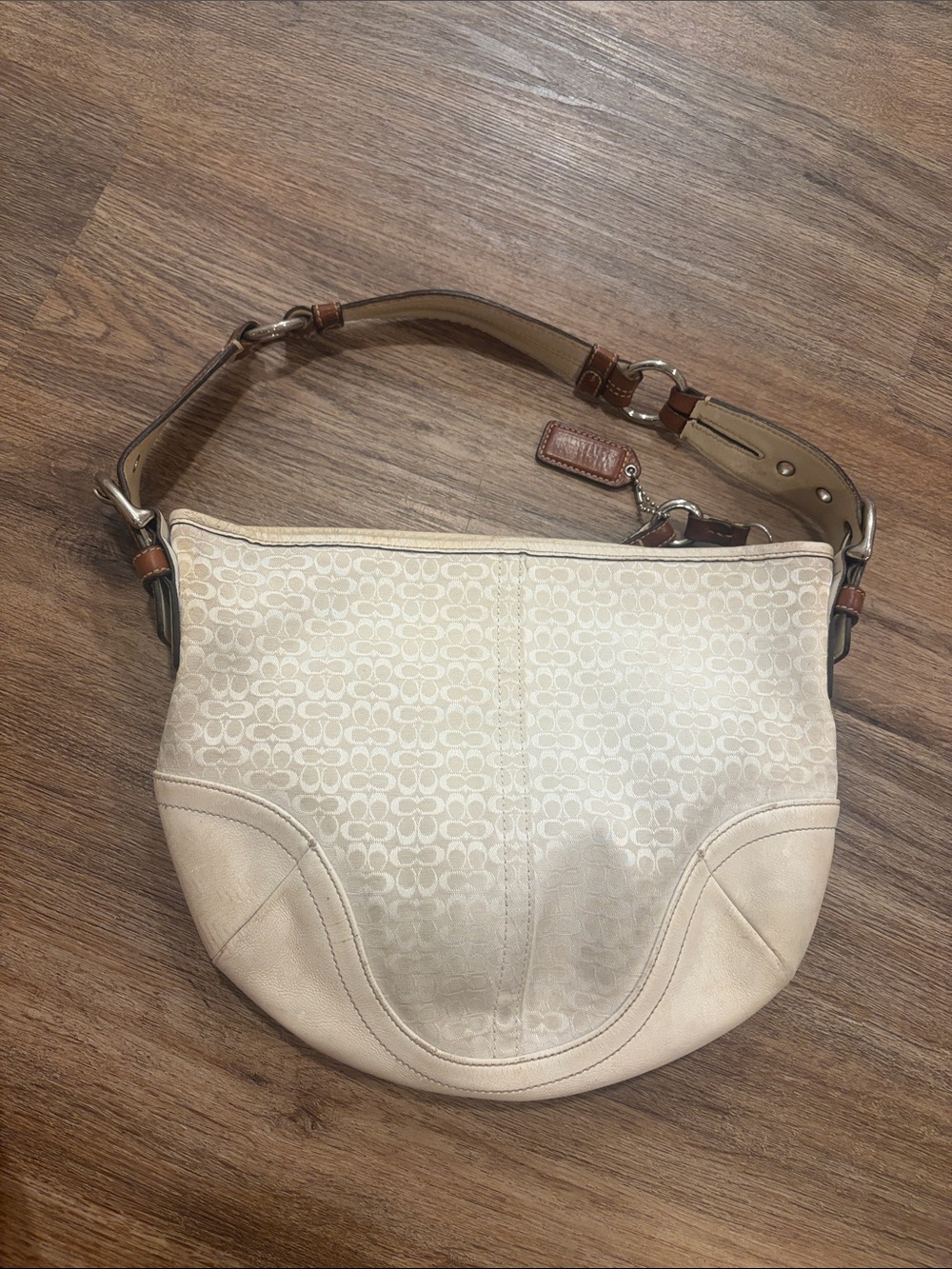 Coach Beige Signature Canvas Shoulder Bag with Brown Leather Trim